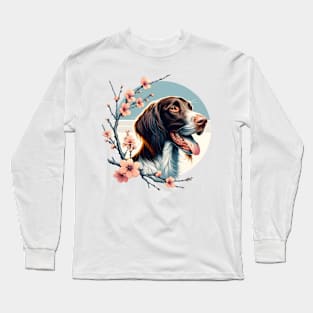 Joyful German Longhaired Pointer with Spring Cherry Blossoms Long Sleeve T-Shirt